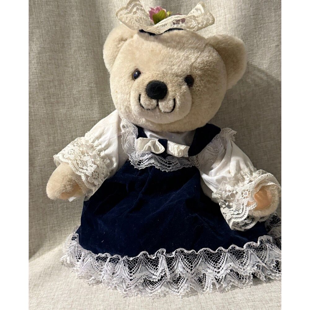 Vintage 1990s Anco Victorian Teddy Bear Plush Stuffed Animal On Removable Stand